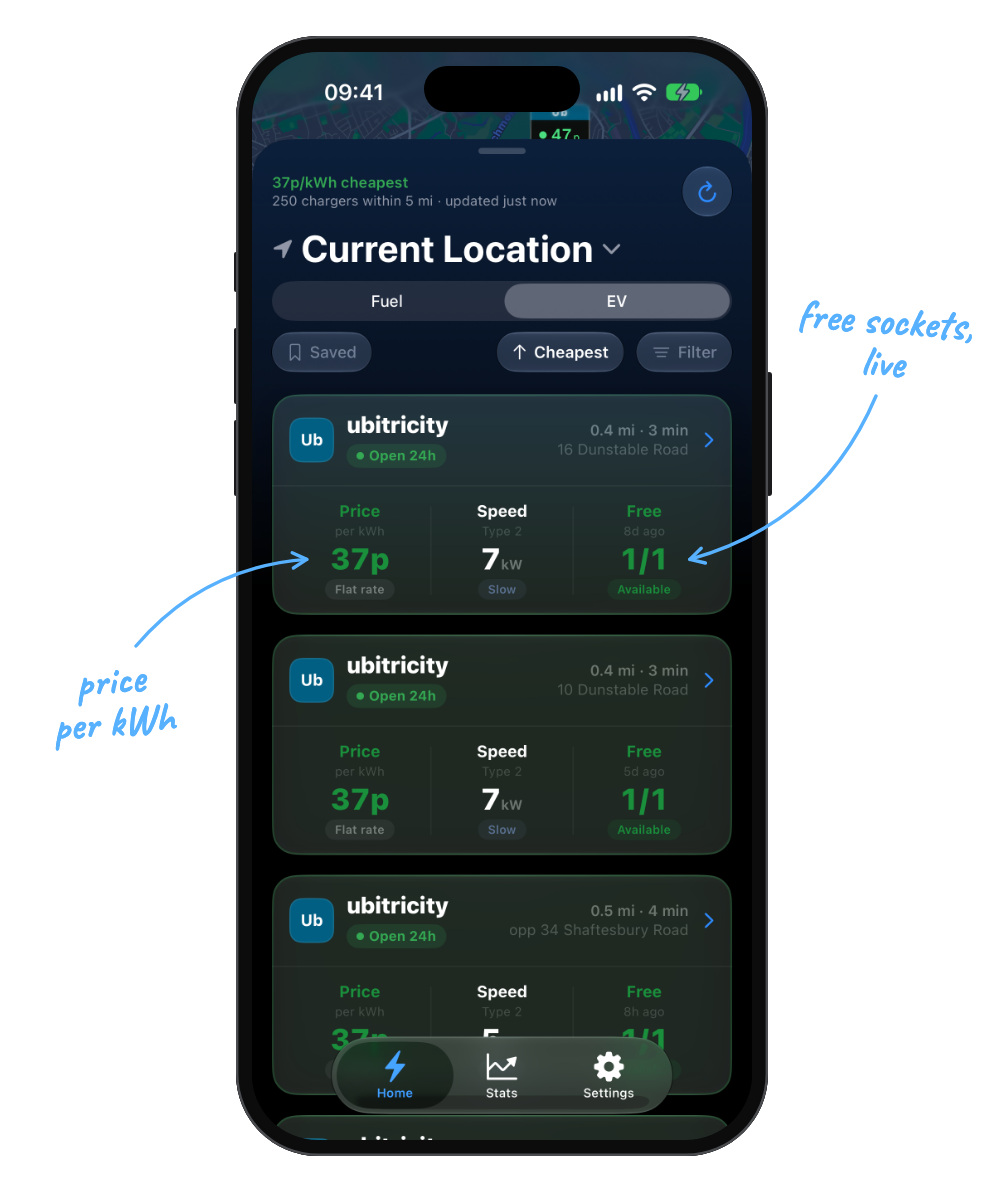 Nozzle EV charging list, dark mode, annotated: free sockets live, price per kWh