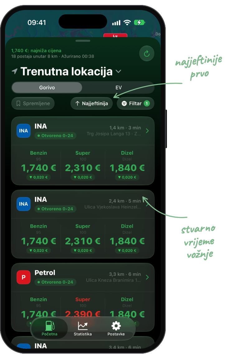 Nozzle popis postaja, tamni način, s bilješkama: najjeftinije prvo, stvarno vrijeme vožnje