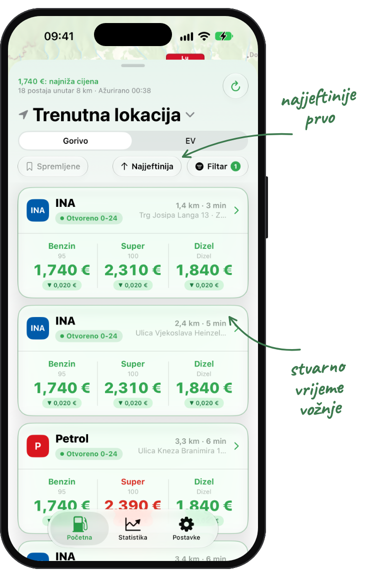 Nozzle popis postaja, svijetli način, s bilješkama: najjeftinije prvo, stvarno vrijeme vožnje
