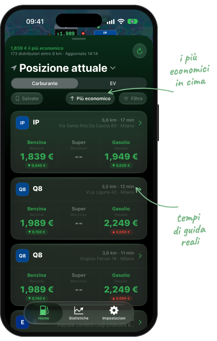 Elenco distributori di Nozzle, modalità scura, annotato: i più economici in cima, tempi di guida reali