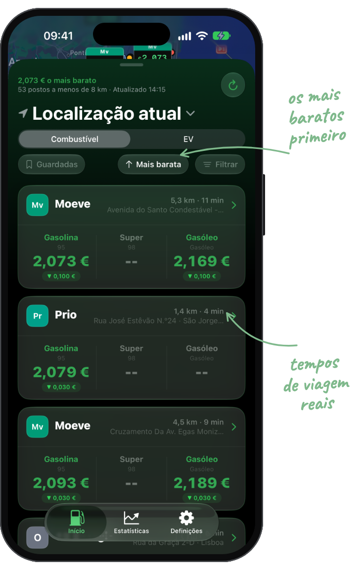 Lista de postos do Nozzle, modo escuro, anotada: os mais baratos primeiro, tempos de viagem reais