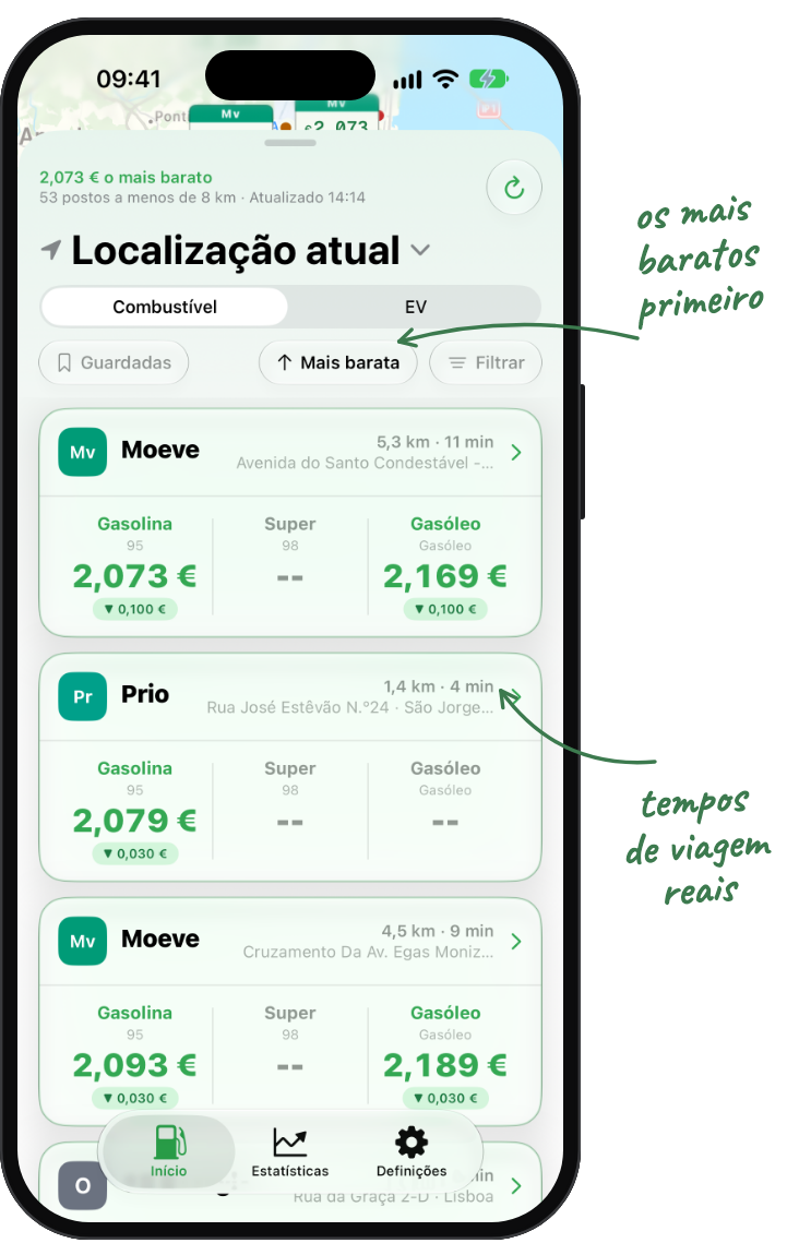 Lista de postos do Nozzle, modo claro, anotada: os mais baratos primeiro, tempos de viagem reais