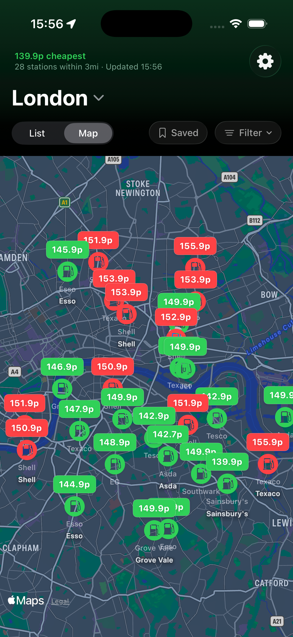 Map view with colour-coded fuel price pins
