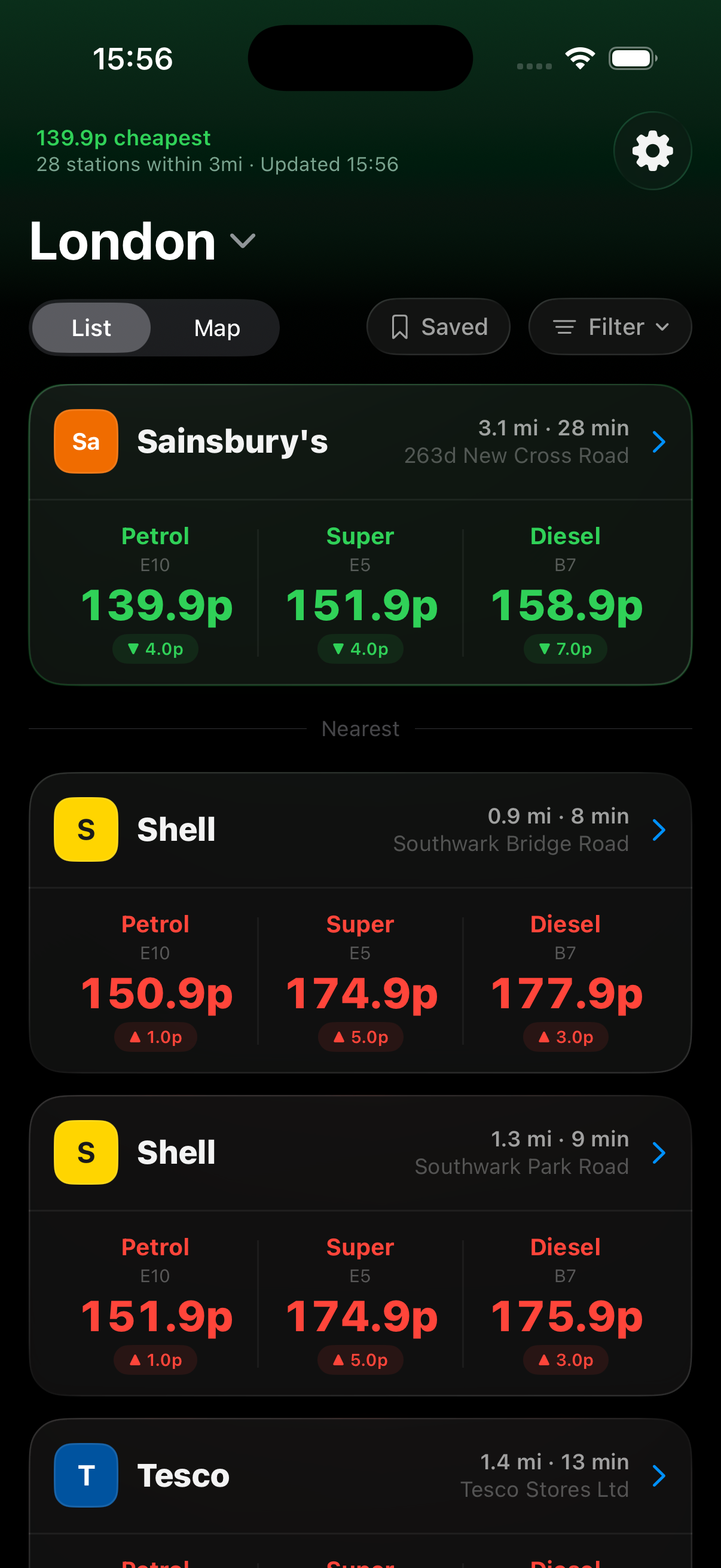 Nozzle app showing fuel prices