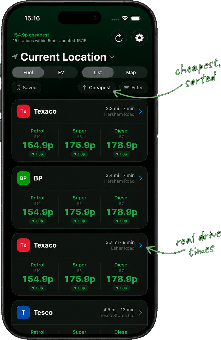 Nozzle fuel list, dark mode, annotated: cheapest sorted, real drive times